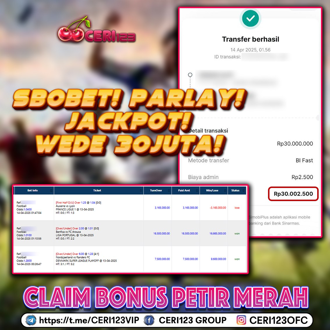 CERI123 JACKPOT SBOBET SPORT RP 30.000.000 ID : BAR***