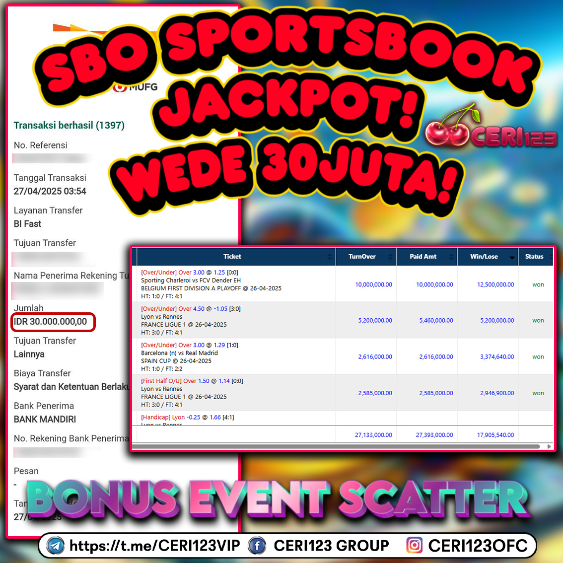 CERI123 JACKPOT SBO SPORTSBOOK RP 30.000.000 ID : DEX***