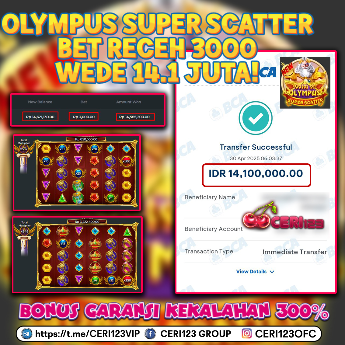 CERI123 JACKPOT SLOT GATES OF OLYMPUS SUPER SCATTER RP 14.100.000 ID : JAW***