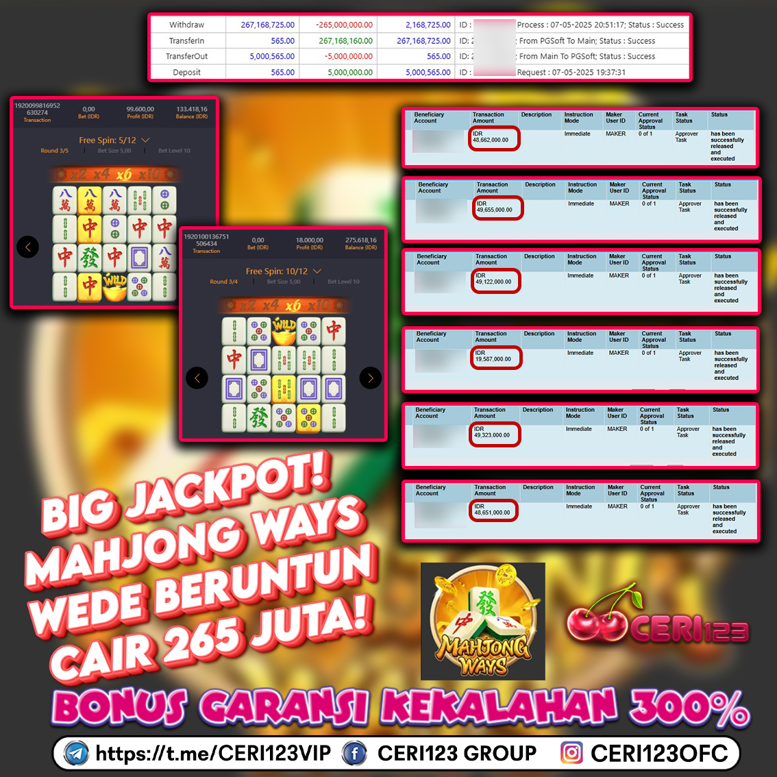 CERI123 JACKPOT SlOT MAHJONG WAYS RP 265.000.000 ID :MEK***
