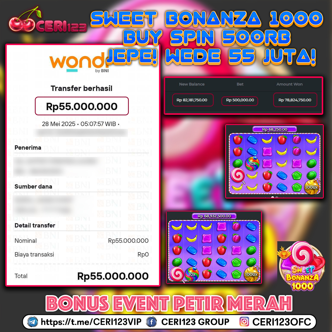 CERI123 JACKPOT SLOT SWEET BONANZA 1000 RP 55.000.000 ID :BOK***