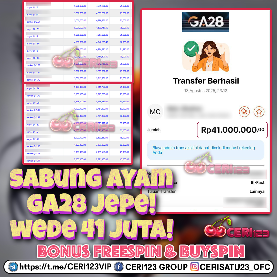 CERI123 JACKPOT  GA28 SABUNG AYAM RP 41.000.000 ID : DEM***