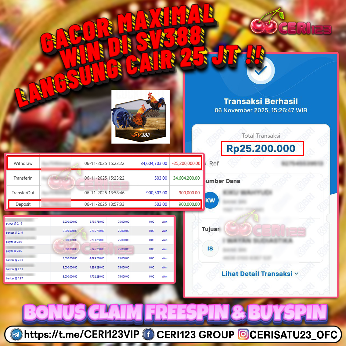 CERI123 JACKPOT SV388 SABUNG AYAM RP 25.200.000 ID : DEK***