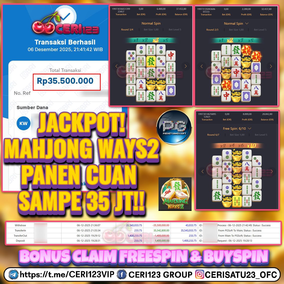 CERI123 JACKPOT SLOT MAHJONG WAYS 2 RP 35.500.000 ID : ORR***
