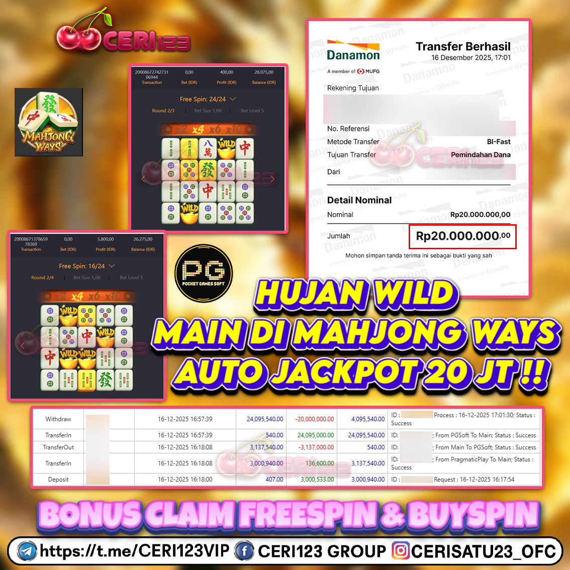 CERI123 JACKPOT SLOT MAHJONG WAYS RP 20.000.000 ID : WAH***