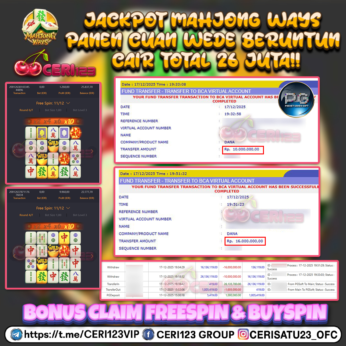 CERI123 JACKPOT SLOT MAHJONG WAYS RP 26.000.000 ID : GER***