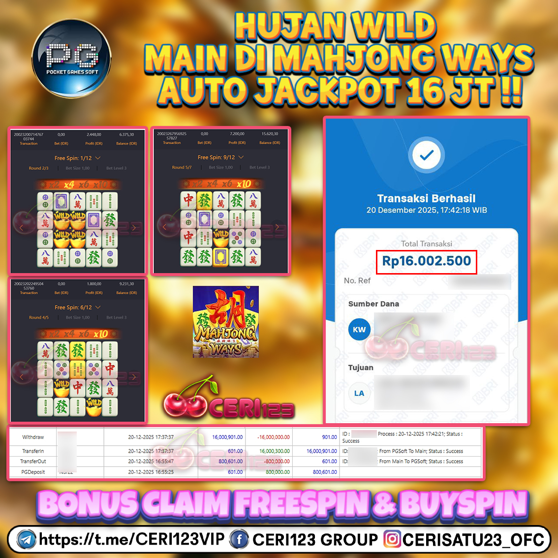 CERI123 JACKPOT SLOT MAHJONG WAYS RP 16.000.000 ID : DED***