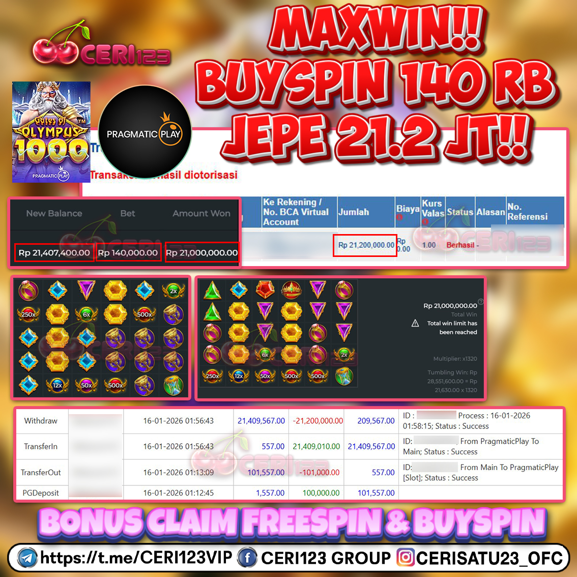 CERI123 JACKPOT SLOT GATES OF OLYMPUS 1000 RP 21.200.000 ID : EMI***