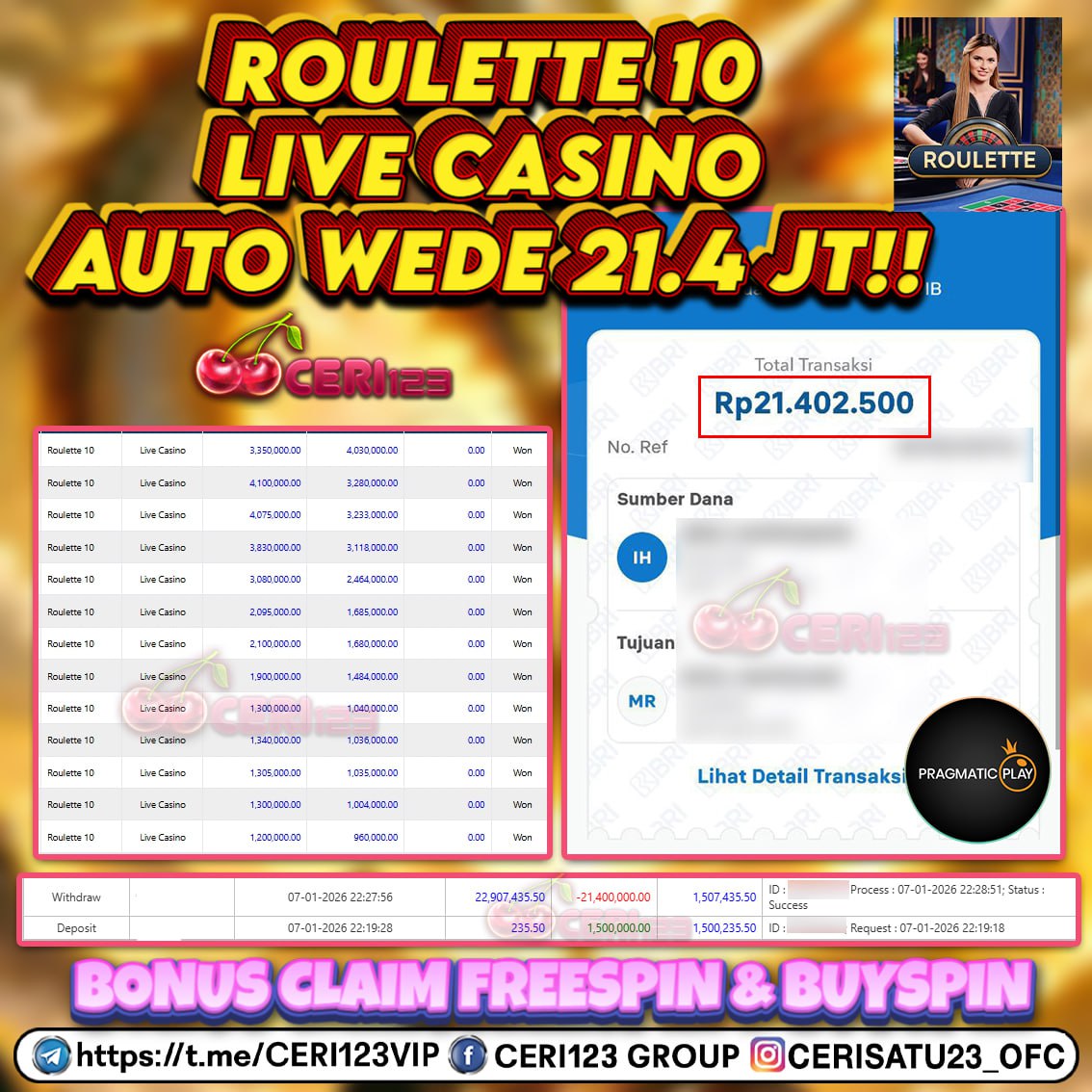 CERI123 JACKPOT LIVECASINO ROULETTE 10  RP 21.400.000 ID : FIO***
